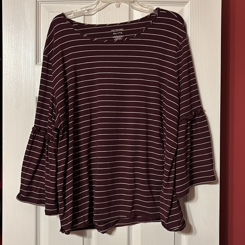 Van Heusen plum/burgandy & white striped flare ruffled bottom shirt size xxl